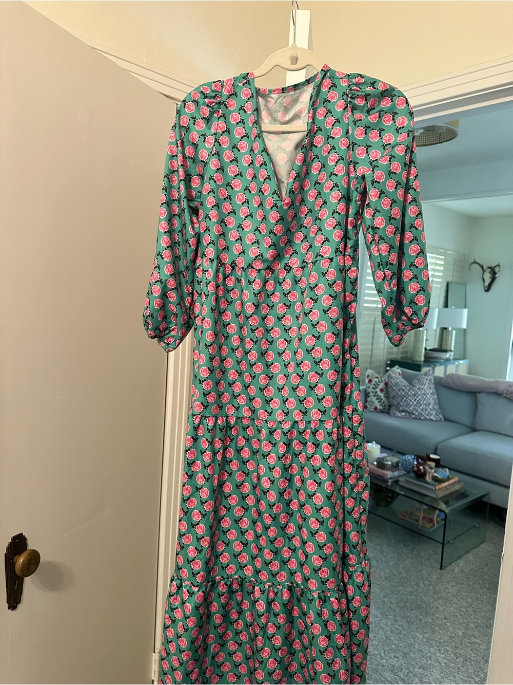 Amazon Green Maxi Dress with Pink Rose Print